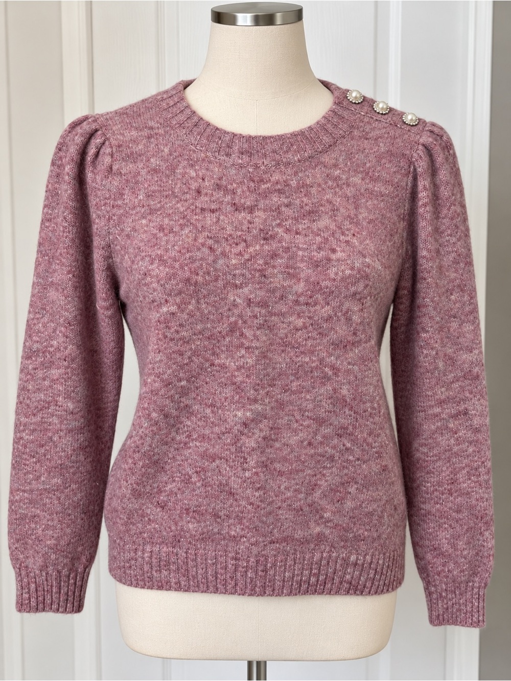 cleo mauve shimmer pearl-shoulder crewneck sweater